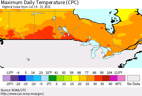 Canada Maximum Daily Temperature (CPC) Thematic Map For 7/19/2021 - 7/25/2021