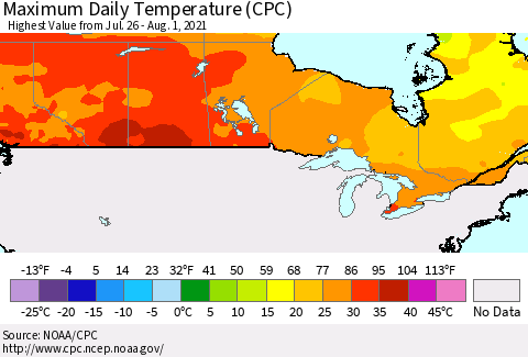 Canada Maximum Daily Temperature (CPC) Thematic Map For 7/26/2021 - 8/1/2021
