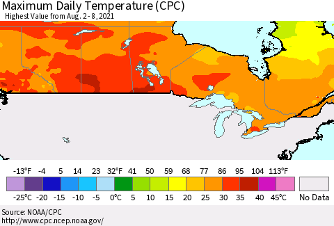 Canada Maximum Daily Temperature (CPC) Thematic Map For 8/2/2021 - 8/8/2021