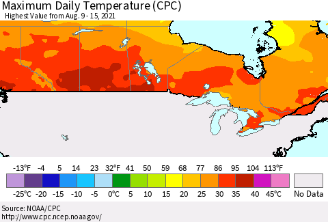 Canada Maximum Daily Temperature (CPC) Thematic Map For 8/9/2021 - 8/15/2021