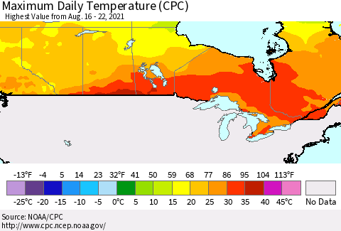 Canada Maximum Daily Temperature (CPC) Thematic Map For 8/16/2021 - 8/22/2021