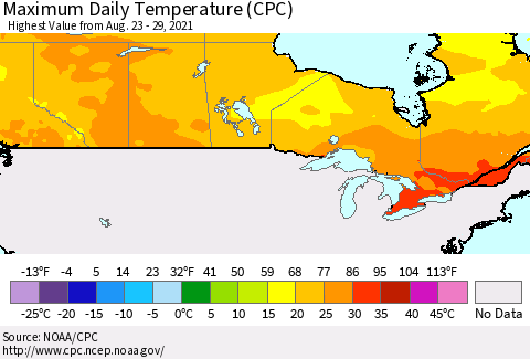 Canada Maximum Daily Temperature (CPC) Thematic Map For 8/23/2021 - 8/29/2021