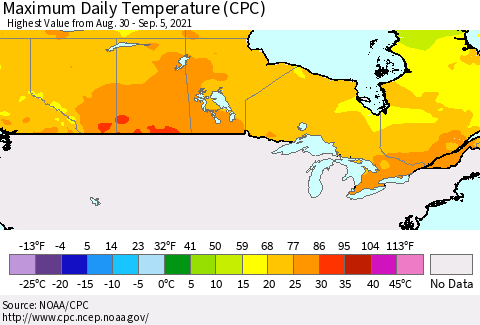 Canada Maximum Daily Temperature (CPC) Thematic Map For 8/30/2021 - 9/5/2021