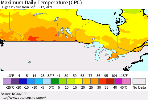 Canada Maximum Daily Temperature (CPC) Thematic Map For 9/6/2021 - 9/12/2021