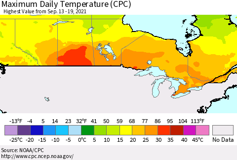 Canada Maximum Daily Temperature (CPC) Thematic Map For 9/13/2021 - 9/19/2021