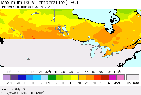 Canada Maximum Daily Temperature (CPC) Thematic Map For 9/20/2021 - 9/26/2021