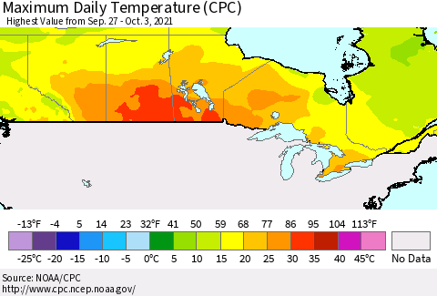Canada Maximum Daily Temperature (CPC) Thematic Map For 9/27/2021 - 10/3/2021