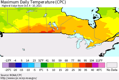 Canada Maximum Daily Temperature (CPC) Thematic Map For 10/4/2021 - 10/10/2021