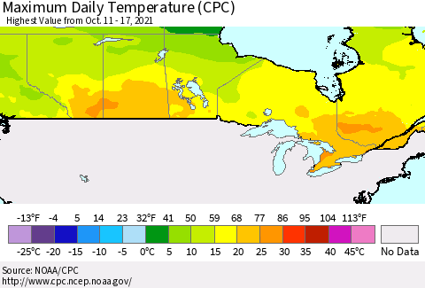 Canada Maximum Daily Temperature (CPC) Thematic Map For 10/11/2021 - 10/17/2021