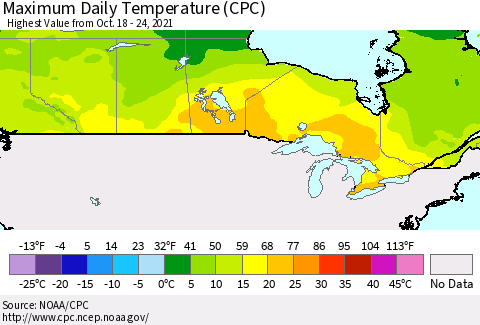 Canada Maximum Daily Temperature (CPC) Thematic Map For 10/18/2021 - 10/24/2021