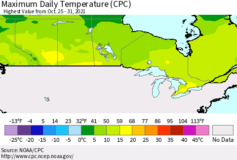 Canada Maximum Daily Temperature (CPC) Thematic Map For 10/25/2021 - 10/31/2021