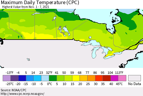 Canada Maximum Daily Temperature (CPC) Thematic Map For 11/1/2021 - 11/7/2021