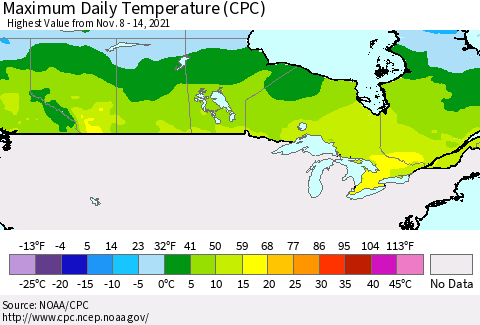 Canada Maximum Daily Temperature (CPC) Thematic Map For 11/8/2021 - 11/14/2021
