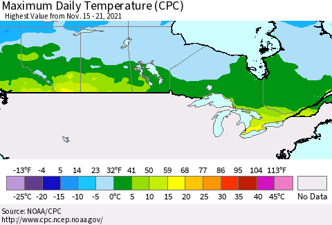 Canada Maximum Daily Temperature (CPC) Thematic Map For 11/15/2021 - 11/21/2021