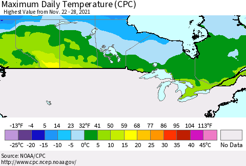 Canada Maximum Daily Temperature (CPC) Thematic Map For 11/22/2021 - 11/28/2021