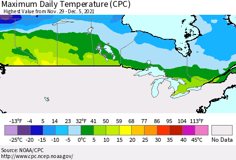 Canada Maximum Daily Temperature (CPC) Thematic Map For 11/29/2021 - 12/5/2021