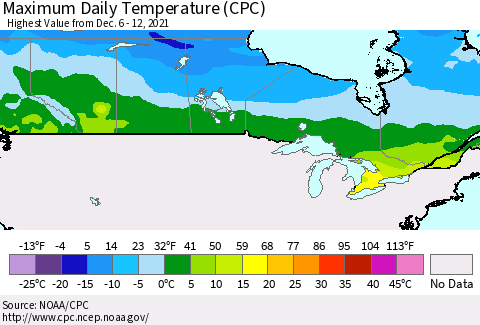 Canada Maximum Daily Temperature (CPC) Thematic Map For 12/6/2021 - 12/12/2021