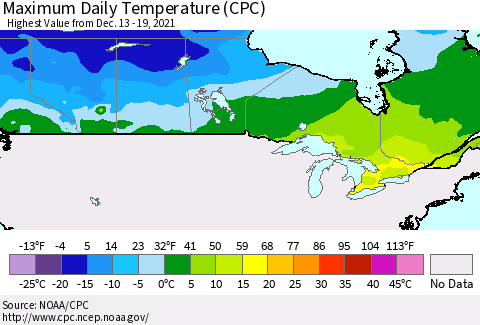 Canada Maximum Daily Temperature (CPC) Thematic Map For 12/13/2021 - 12/19/2021