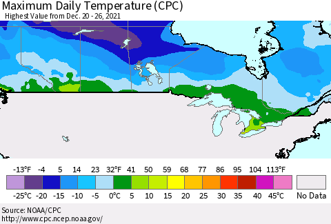 Canada Maximum Daily Temperature (CPC) Thematic Map For 12/20/2021 - 12/26/2021