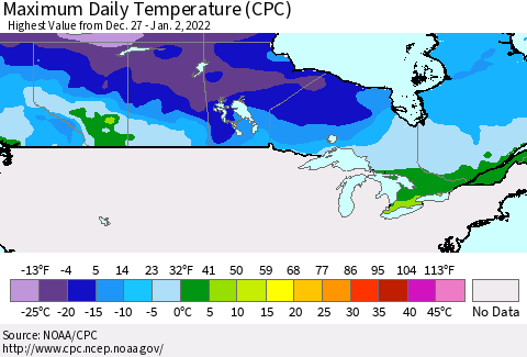 Canada Maximum Daily Temperature (CPC) Thematic Map For 12/27/2021 - 1/2/2022