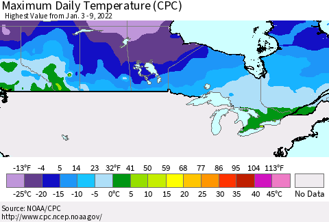 Canada Maximum Daily Temperature (CPC) Thematic Map For 1/3/2022 - 1/9/2022