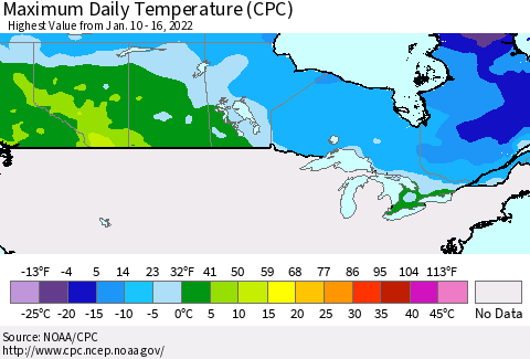 Canada Maximum Daily Temperature (CPC) Thematic Map For 1/10/2022 - 1/16/2022