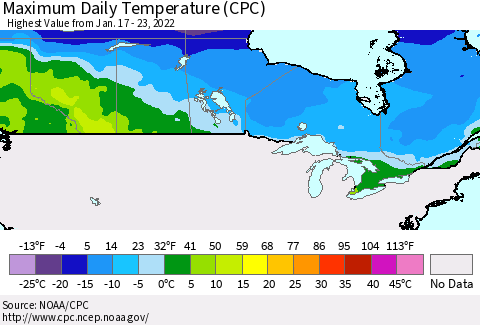 Canada Maximum Daily Temperature (CPC) Thematic Map For 1/17/2022 - 1/23/2022
