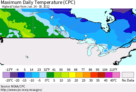 Canada Maximum Daily Temperature (CPC) Thematic Map For 1/24/2022 - 1/30/2022