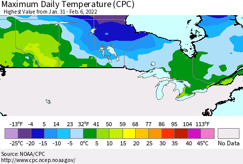 Canada Maximum Daily Temperature (CPC) Thematic Map For 1/31/2022 - 2/6/2022