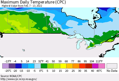Canada Maximum Daily Temperature (CPC) Thematic Map For 2/7/2022 - 2/13/2022