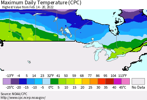 Canada Maximum Daily Temperature (CPC) Thematic Map For 2/14/2022 - 2/20/2022