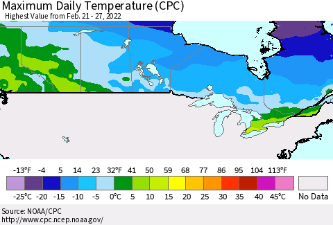 Canada Maximum Daily Temperature (CPC) Thematic Map For 2/21/2022 - 2/27/2022