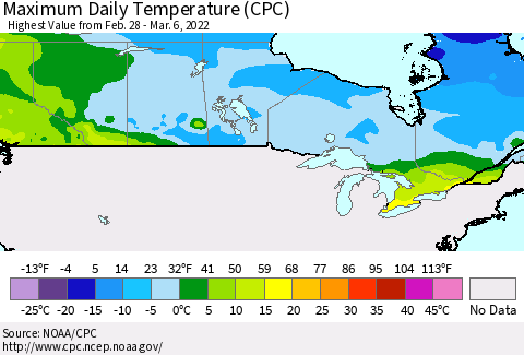 Canada Maximum Daily Temperature (CPC) Thematic Map For 2/28/2022 - 3/6/2022