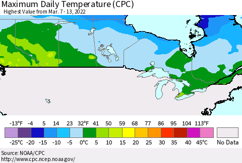 Canada Maximum Daily Temperature (CPC) Thematic Map For 3/7/2022 - 3/13/2022
