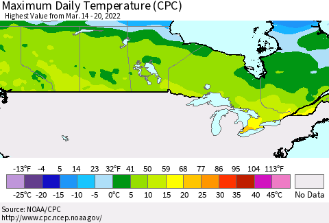 Canada Maximum Daily Temperature (CPC) Thematic Map For 3/14/2022 - 3/20/2022