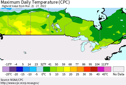 Canada Maximum Daily Temperature (CPC) Thematic Map For 3/21/2022 - 3/27/2022