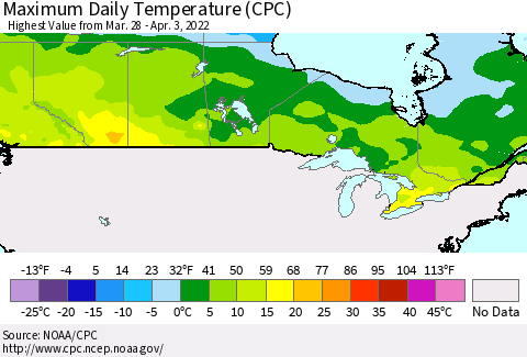 Canada Maximum Daily Temperature (CPC) Thematic Map For 3/28/2022 - 4/3/2022
