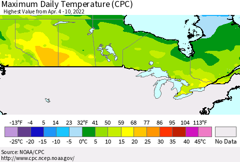 Canada Maximum Daily Temperature (CPC) Thematic Map For 4/4/2022 - 4/10/2022