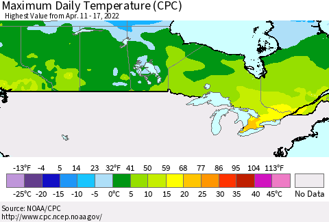 Canada Maximum Daily Temperature (CPC) Thematic Map For 4/11/2022 - 4/17/2022