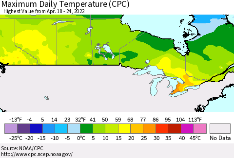 Canada Maximum Daily Temperature (CPC) Thematic Map For 4/18/2022 - 4/24/2022
