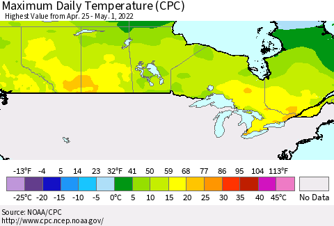 Canada Maximum Daily Temperature (CPC) Thematic Map For 4/25/2022 - 5/1/2022