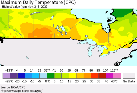 Canada Maximum Daily Temperature (CPC) Thematic Map For 5/2/2022 - 5/8/2022