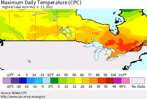 Canada Maximum Daily Temperature (CPC) Thematic Map For 5/9/2022 - 5/15/2022