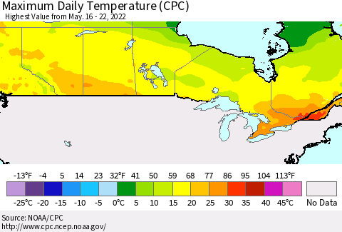 Canada Maximum Daily Temperature (CPC) Thematic Map For 5/16/2022 - 5/22/2022