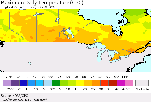 Canada Maximum Daily Temperature (CPC) Thematic Map For 5/23/2022 - 5/29/2022