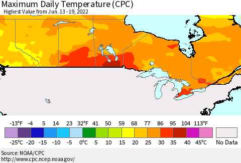 Canada Maximum Daily Temperature (CPC) Thematic Map For 6/13/2022 - 6/19/2022