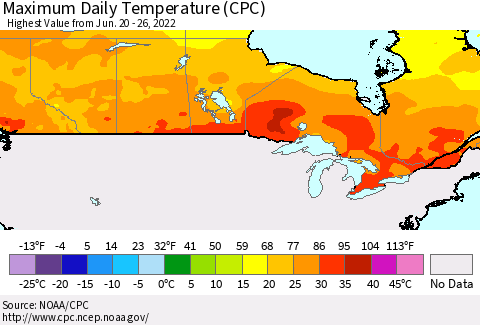 Canada Maximum Daily Temperature (CPC) Thematic Map For 6/20/2022 - 6/26/2022