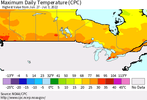 Canada Maximum Daily Temperature (CPC) Thematic Map For 6/27/2022 - 7/3/2022