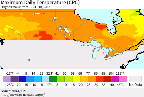 Canada Maximum Daily Temperature (CPC) Thematic Map For 7/4/2022 - 7/10/2022