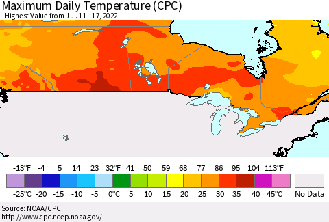 Canada Maximum Daily Temperature (CPC) Thematic Map For 7/11/2022 - 7/17/2022